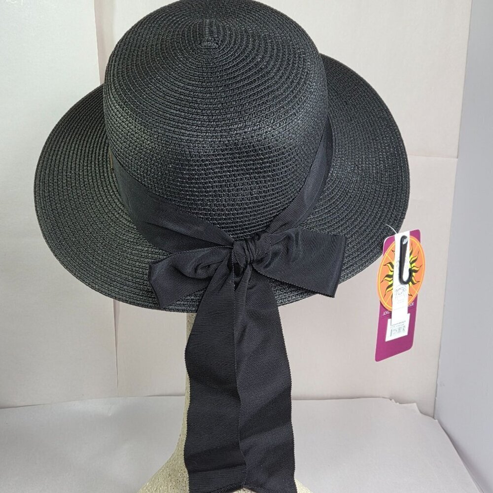 Angela William Brimmed Beach Sun Straw Hat Black